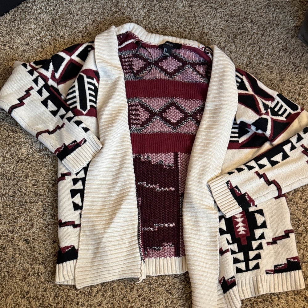 Forever 21 Beige and Maroon Patterned Cardigan